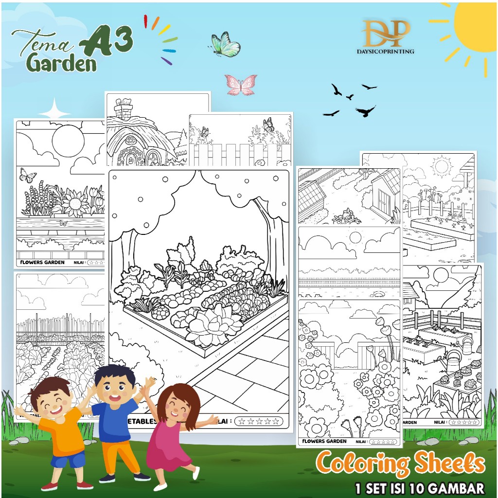 

(GARDEN 01) KERTAS MEWARAI ANAK PEMANDANGAN A3 - LEMBAR MEWARNAI MURAH READY STOCK - COLORING SHEETS ANAK PAUD/TK