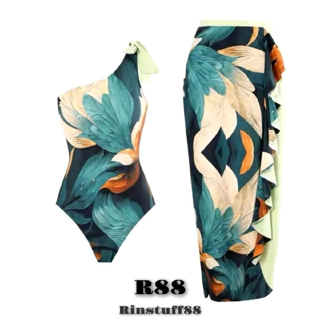 Olive Set - Woman Swimwear Printed Polyester Fibre Monokini with Outer Skirt Ribbon/bikini bali/biki