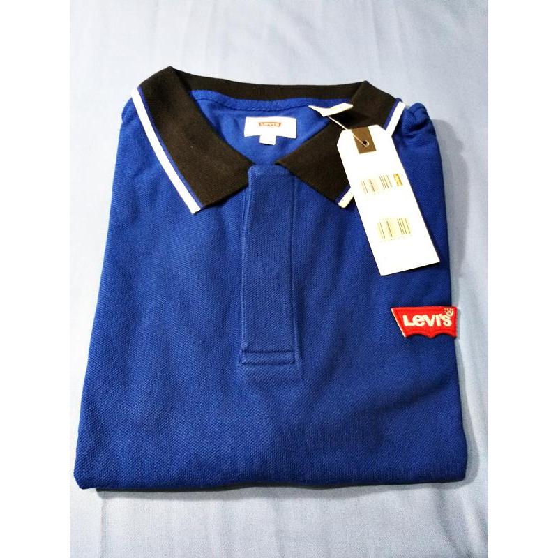 L3V15 Kaos Polo Biru Kerah Hitam