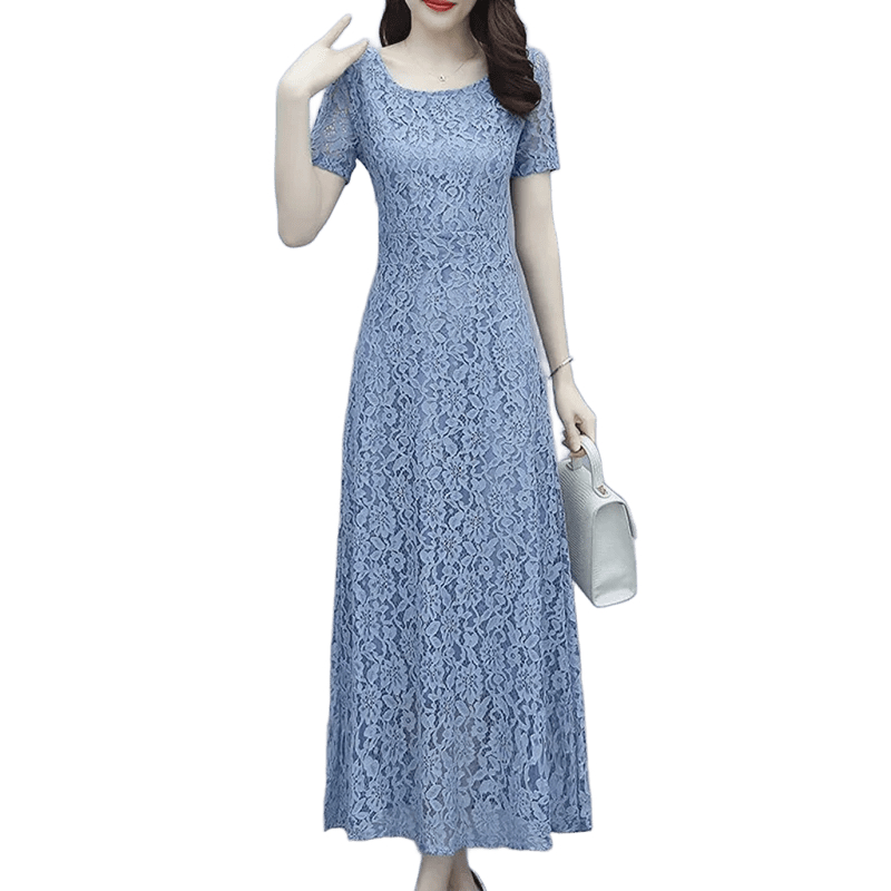 Dress Wanita Midi Brokat Premium O neck Lengan pendek Nyaman Adem Motif Bunga Korea Terbaru Kekinian