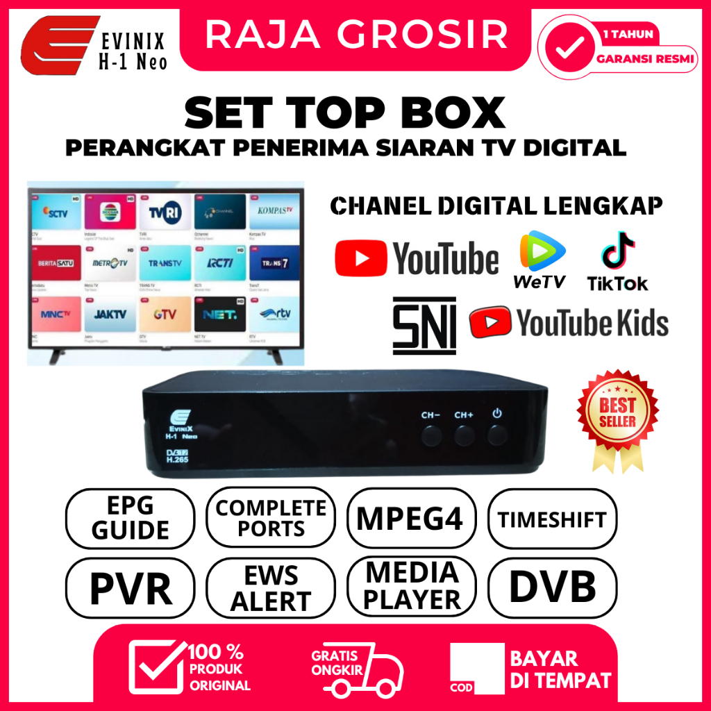 STB TV Digital EVINIX H1 Neo DVB-T2 | Full HD HDMI USB PVR EWS Garansi Resmi Terbaik Murah