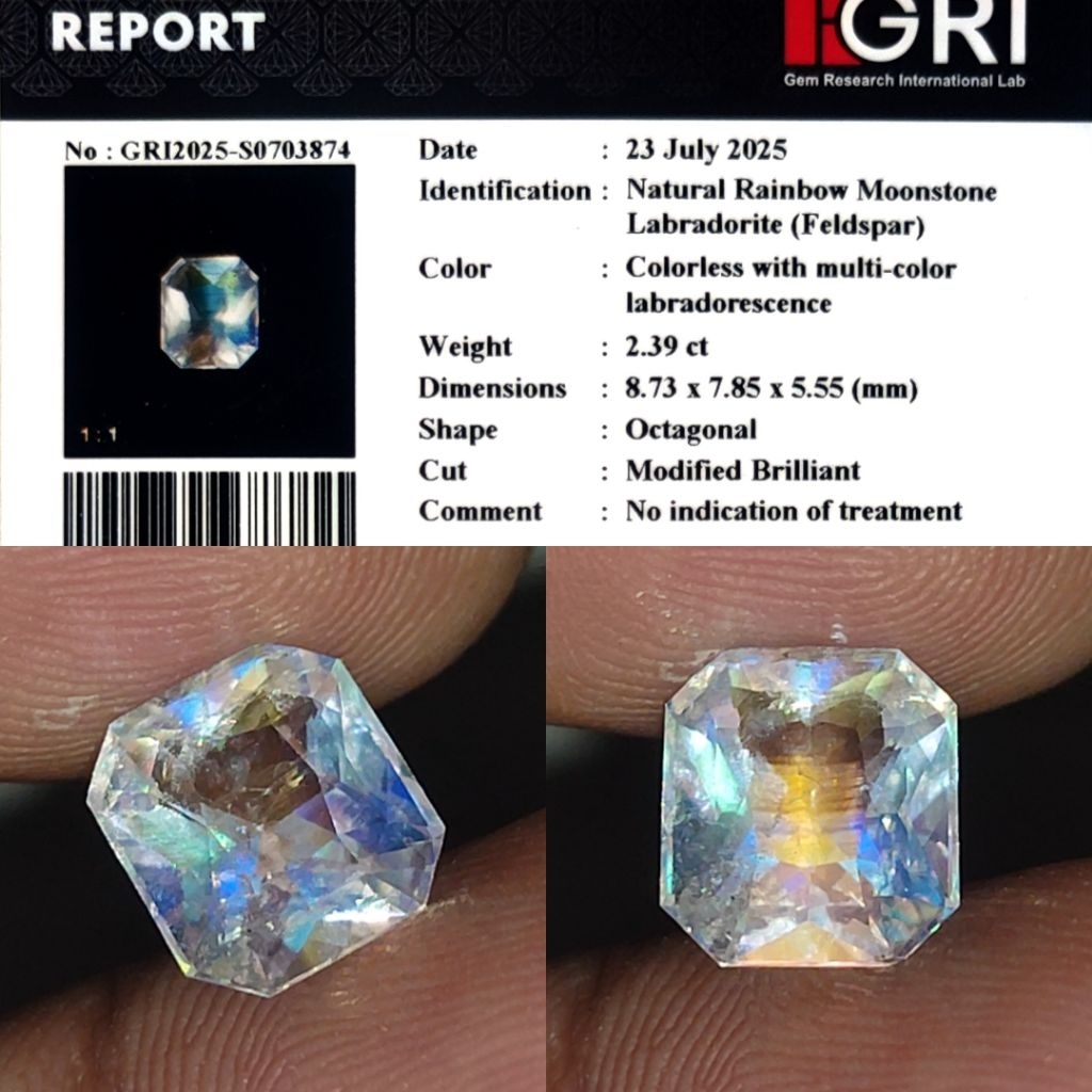 HQ Natural Multicolor Rainbow Moonstone 2.3ct GRI Material Top Crystall Full Luster Pelangi Body Kac