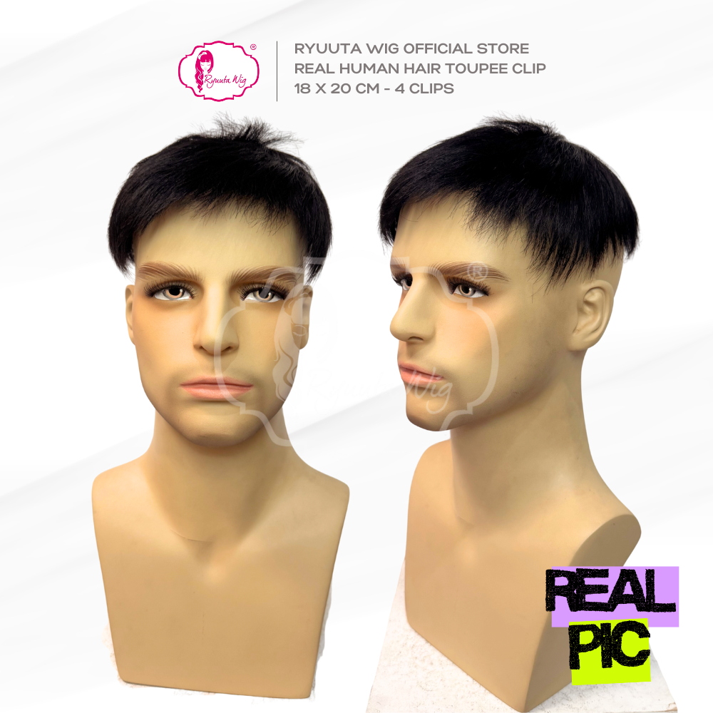 Ryuuta Wig Toupee Topper Clip Short Human Hair Rambut Asli Pria Pendek 18 x 20 cm