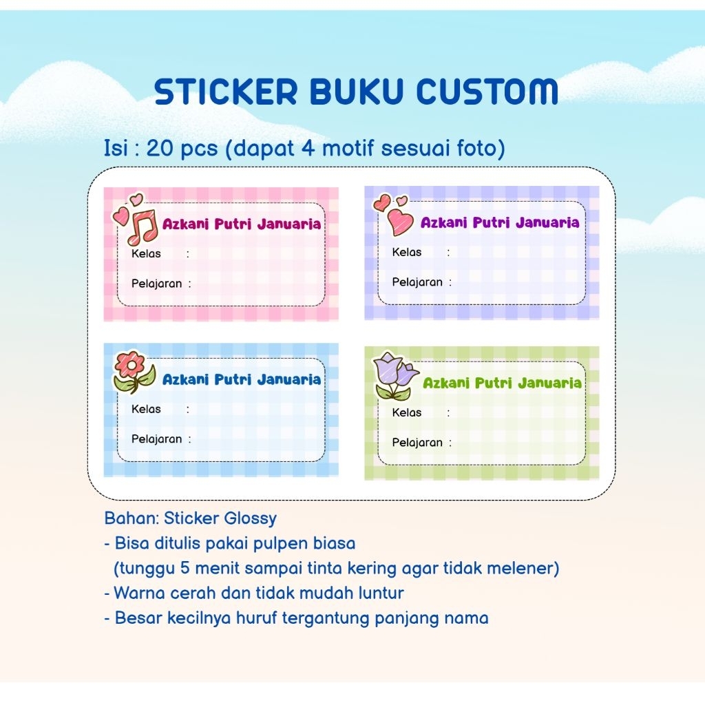 

[CUSTOM MAPEL-Motif Girl] Sticker Buku Custom Nama dan Mata Pelajaran Isi 20 Pcs