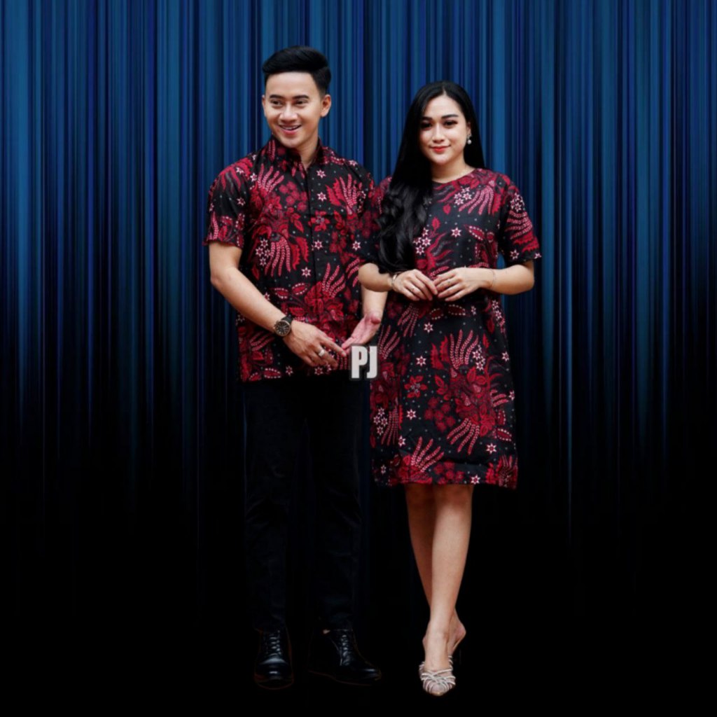 Couple Dress batik lengan pendek terbaru motif manggar merah baju couple dress batik korean style pr