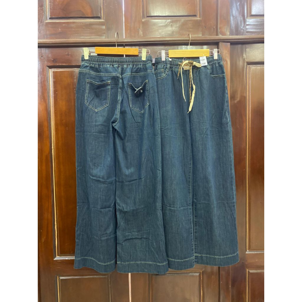 celana jeans kulot pinggang karet tali