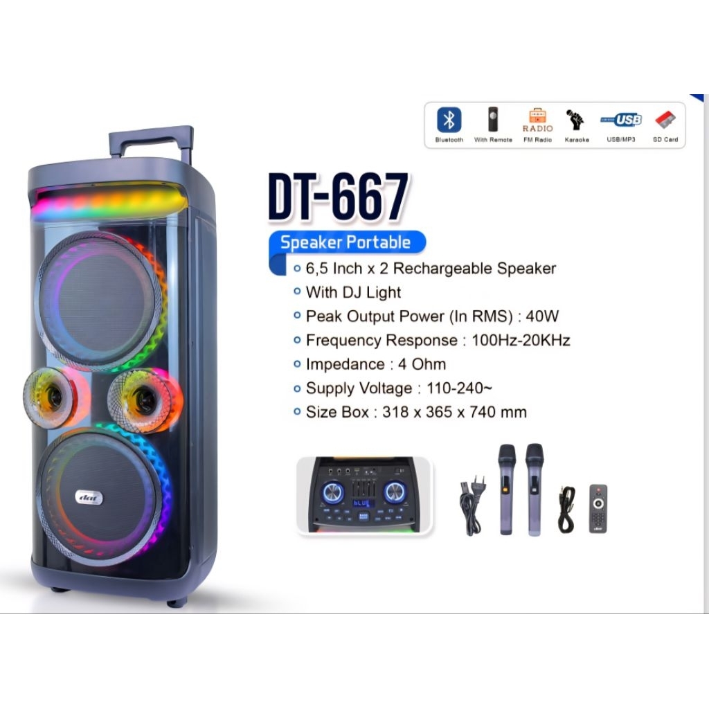 SPEAKER PORTABLE DAT DT 667 DT667 RECHARGEABLE BISA DICAS DICHARGE ULANG BLUETOOTH ADA HANDLE 6.5 6,