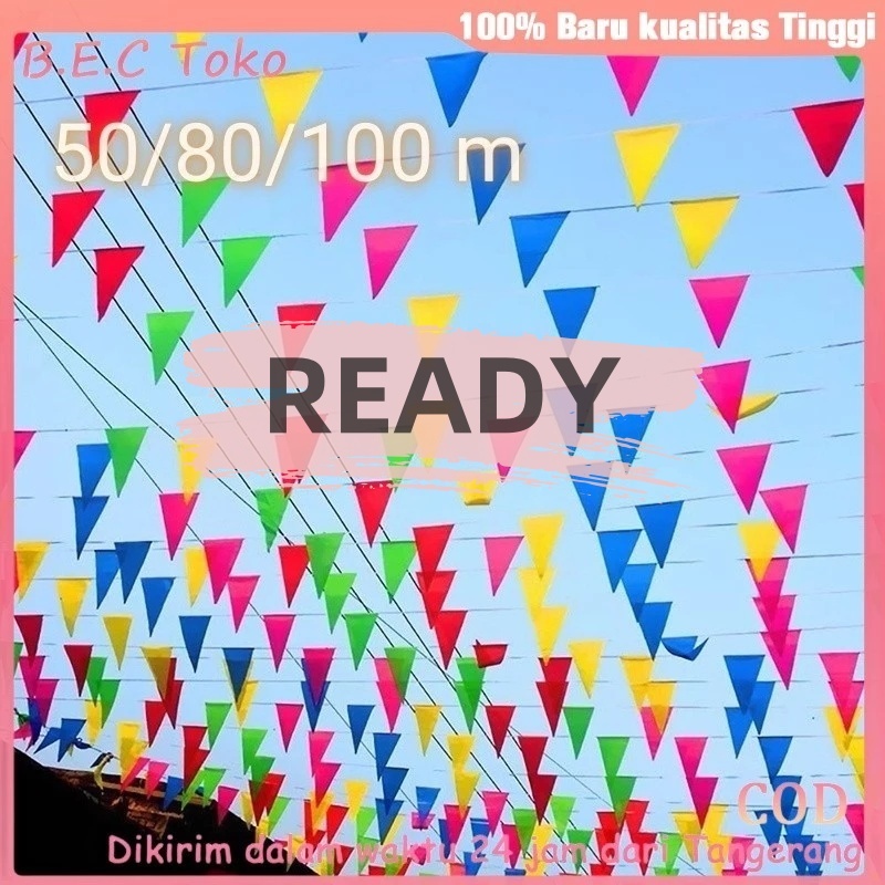 50/80/100m Bendera Segitiga Warna Warni dan Bendera Kain Merah Putih/Bendera Hias Festival/Bendera H