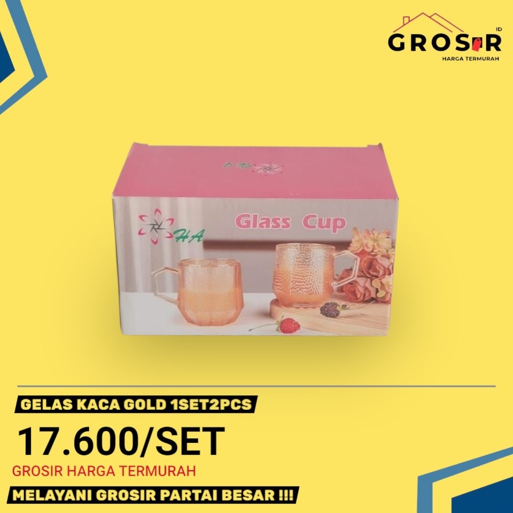 6SET - GROSIR GELAS KACA GOLD 1SET ISI 2PCS - GELAS TRAVEL - GELAS MEWAH