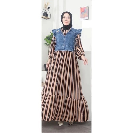 Midi Dress Modern Kombinasi Jeans & Katun Salur – Desain Layer Rompi Kekinian