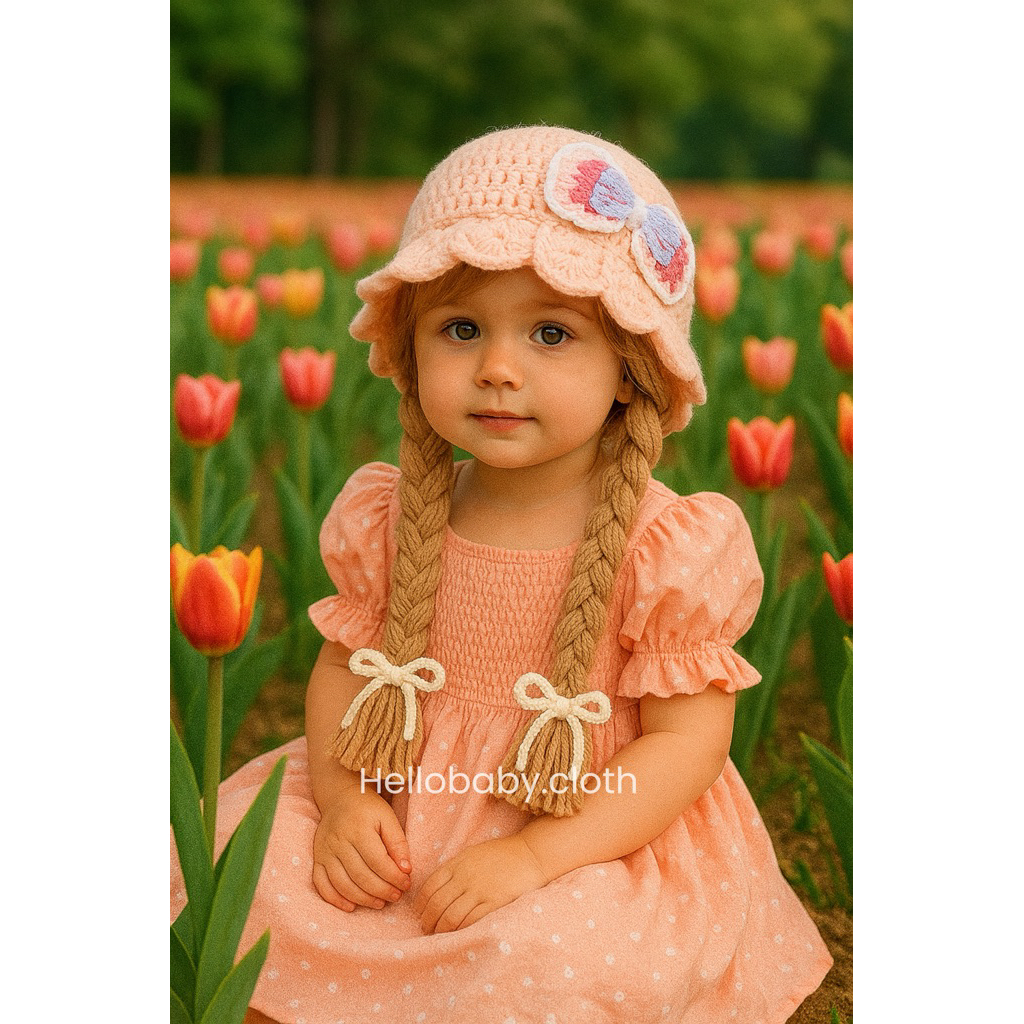 Topi Rajut Kepang Anak Bayi Pita Lace Brokat warna Salem Muda