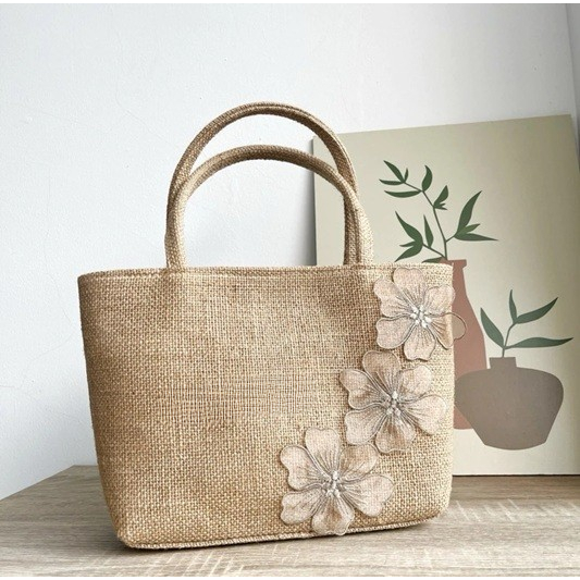 Toraja Tas Tote Bag Wanita Bahan Goni Jute Hampers Motif Bunga Bordir kado Women's Tote Bag Material