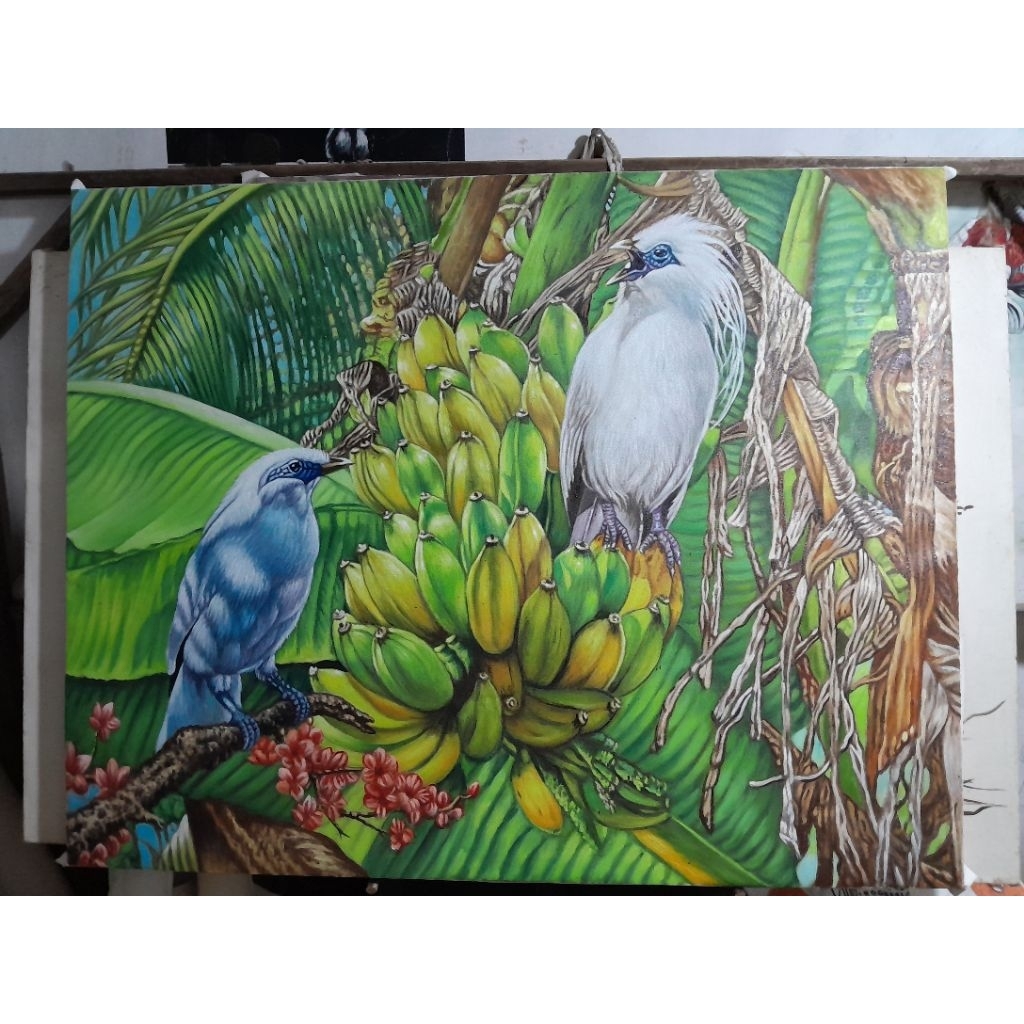 lukisan pohon pisang&burung jalak bali putih oil on kanvas ukuran 100x127cm