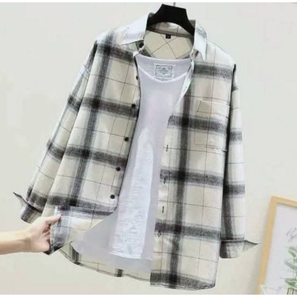 KEMEJA FLANEL MOTIF KOREA VETERANO KEMEJA KASUAL KEMEJA FLANEL UNISEX PRIA WANITA