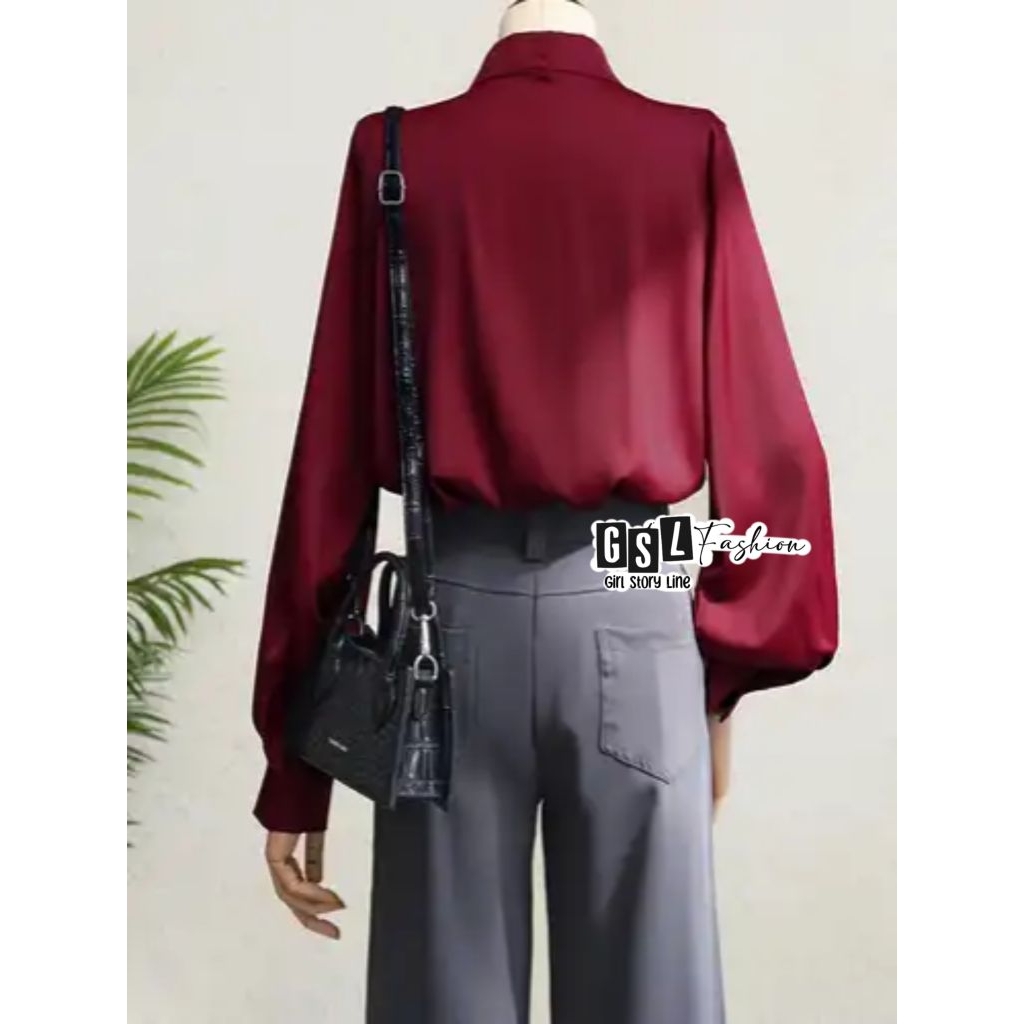 Kemeja Polos Satin Silk Lengan Panjang Premium Wanita Blouse Korean Cewek Jumbo Size M L XL XXL XXXL