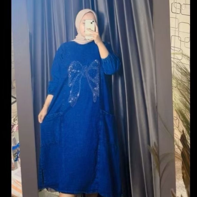 MIDI DRESS RAWIS MORENA FULL JEANS SNOW BLUE (MOTIF PITA) MIDI DRESS WANITA REMAJA KEKINIAN