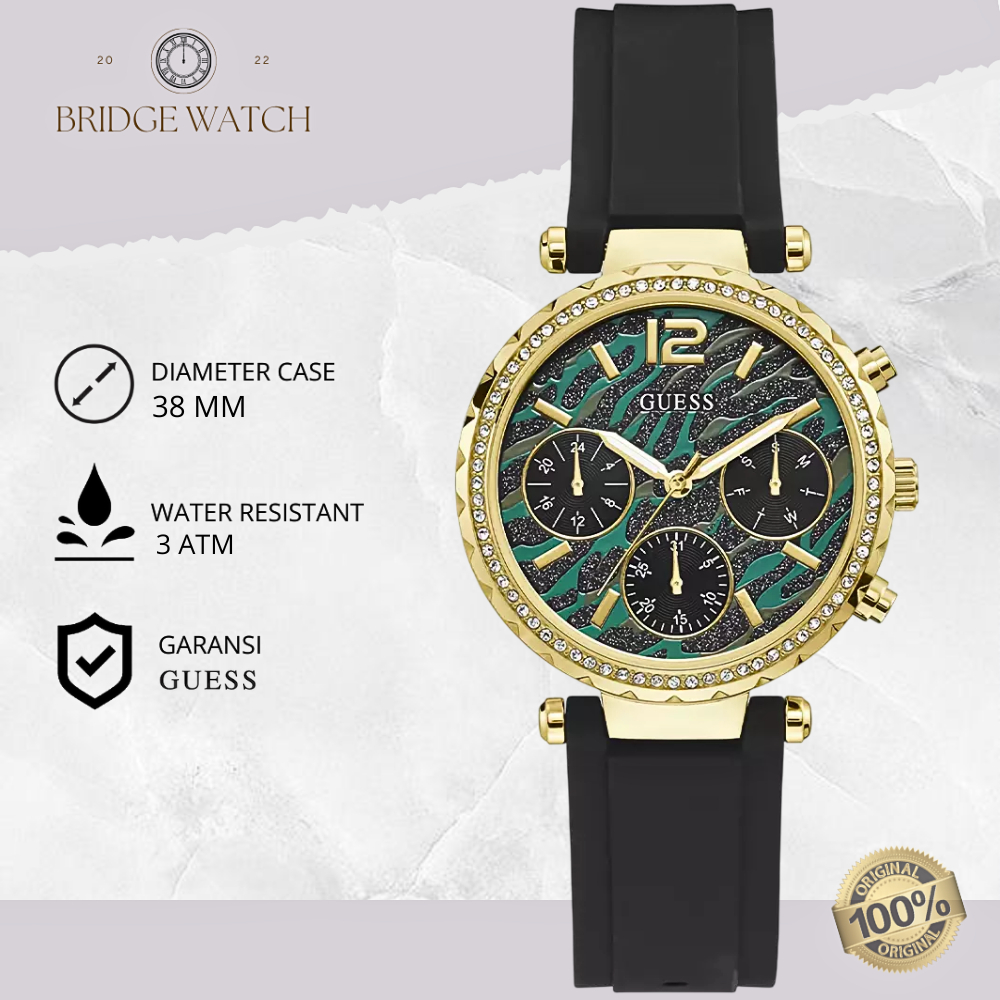 Jam Tangan Wanita Guess GW0113L1 Original Analog Rubber Black Strap Silicone Cewek Hitam Water Resis
