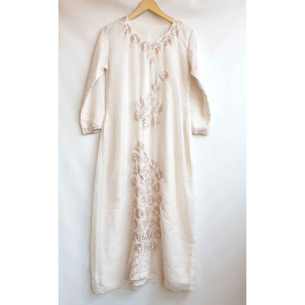 Abaya Araban Putih Tulang Long Tunik Gamis Pakaian Muslim Long Dress Wanita Warna Cream White Payet 