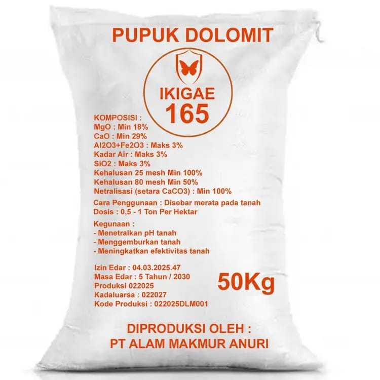PUPUK DOLOMIT TEPUNG 50kg Kehalusan 25 mesh 100% Kehalusan 80 mesh 98,61% Netralisasi (setara CaCO3)