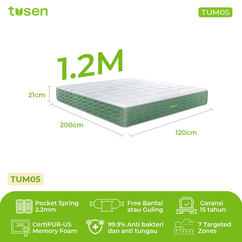 TUSEN Kasur Spring Bed Pocket Spring Bed TUM05S 120x200cm Cooling Matras Tebal 21cm