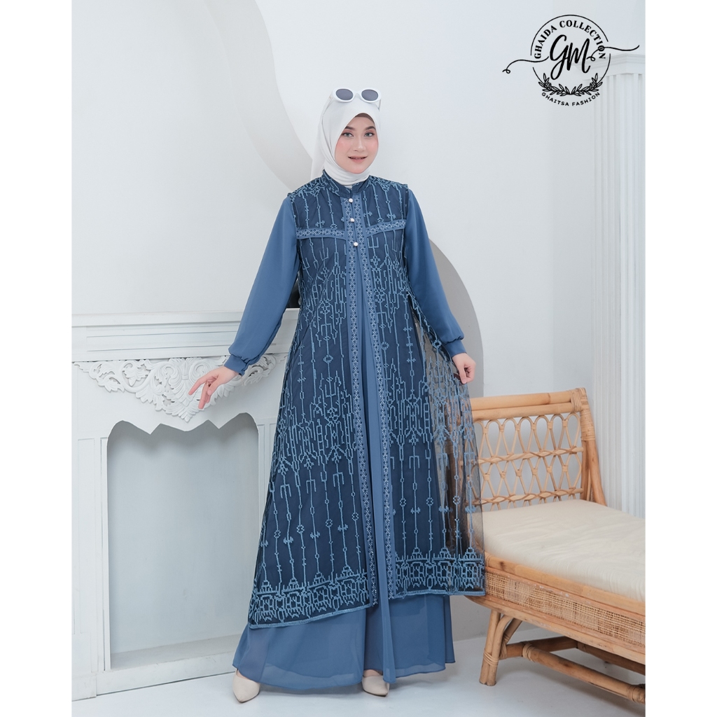 GHAITSA - NABILA Dress Denim Outer Brukat Ceruty Mix Swarovski | Kondangan Elegan LD 110 PB 140