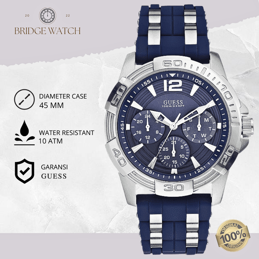 Jam Tangan Pria Guess Oasis Original W0366G2 Analog Chronograph Sporty Blue Rubber Strap Silicon Cow