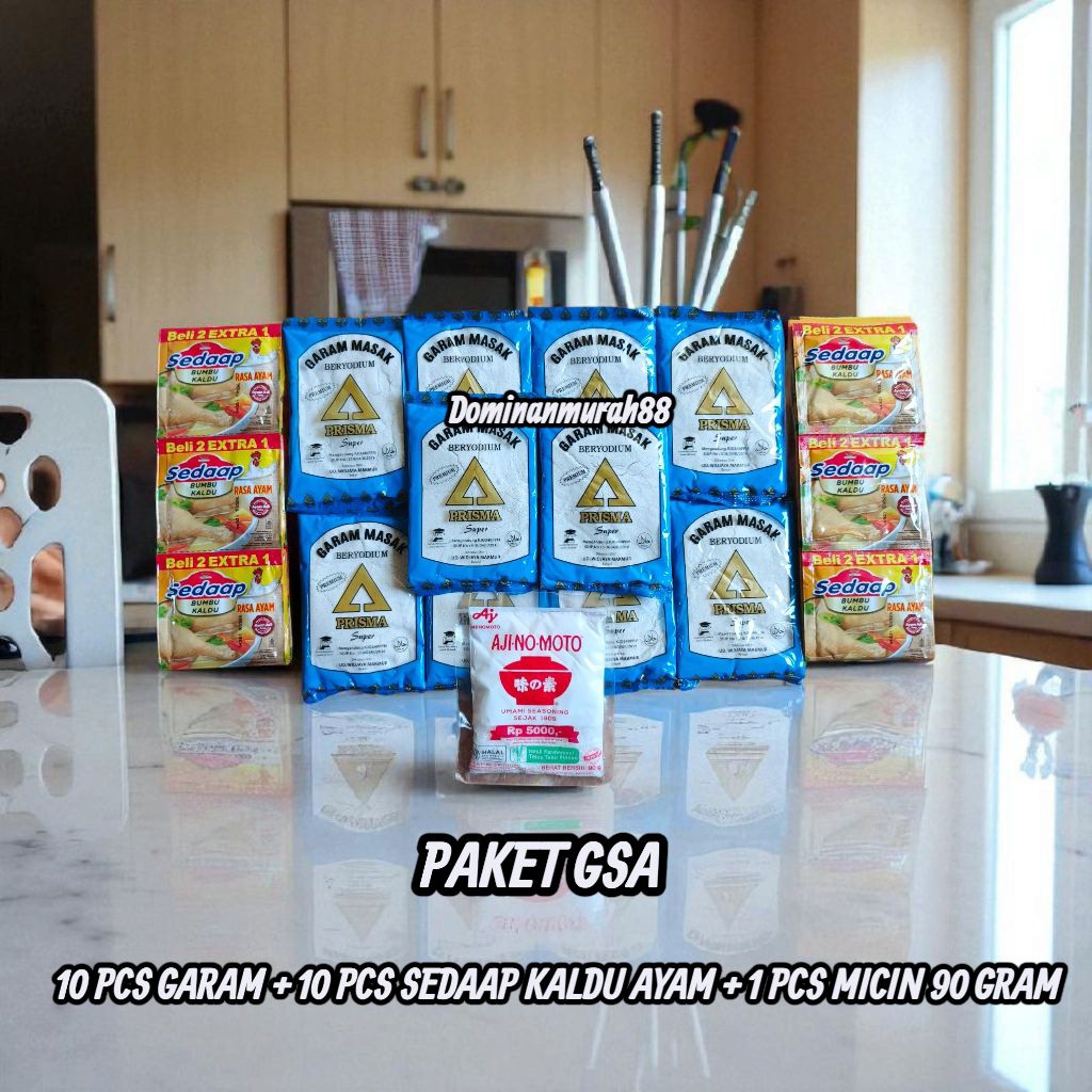 

PAKET BUMBU 16 RIBUAN 10 PCS GARAM KEMASAN 100 GRAM + 10 PCS SEDAAP KALDU 9 GRAM + 1 PCS MICIN AJINOMOTO 90 GRAM / GARAM / BUMBU DAPUR