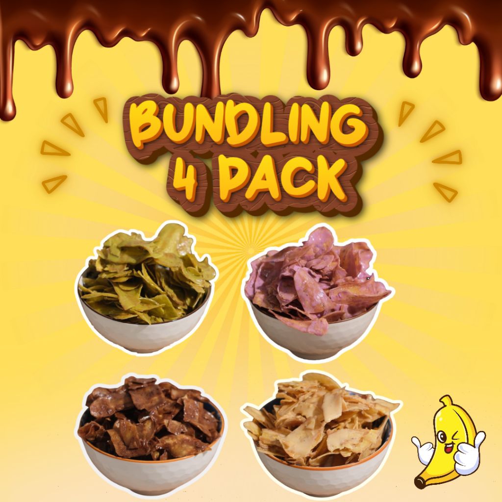 

PAKET BUNDLING 4 PACK 720 GRAM | KERIPIK PISANG RASA COKELAT + STRAWBERRY + TIRAMISU + TARO + GREENTEA