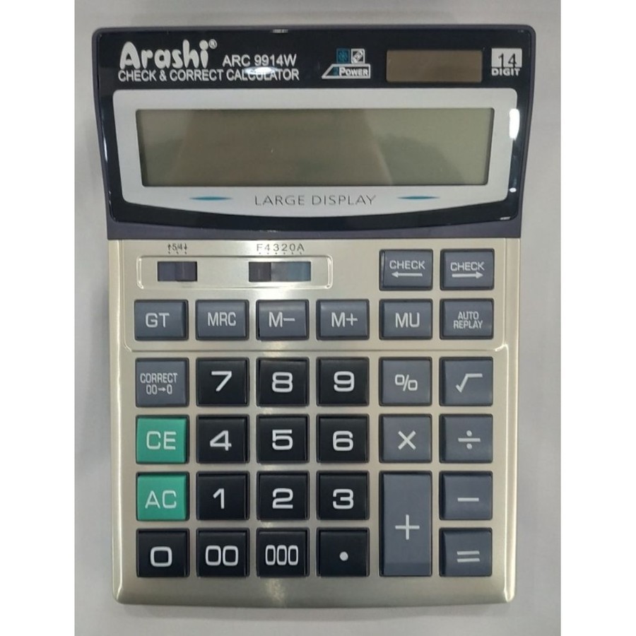 

Arashi Calculator ARC 9914W - Kalkulator - 14 digits - Two way power - Solar - Baterai - Check - Correct - Hapus - Layar Besar - AA Battery