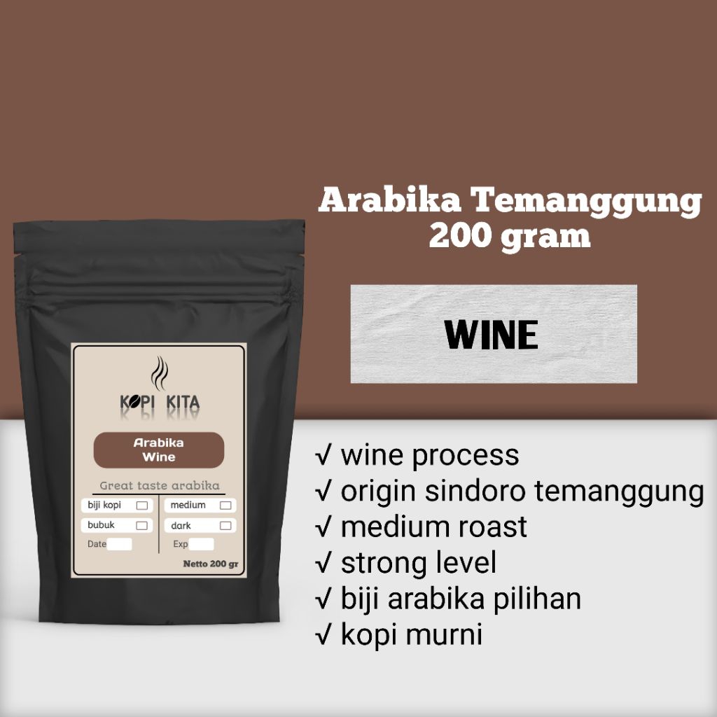 

Roast bean/Bubuk Kopi Wine Arabika Temanggung 200gram