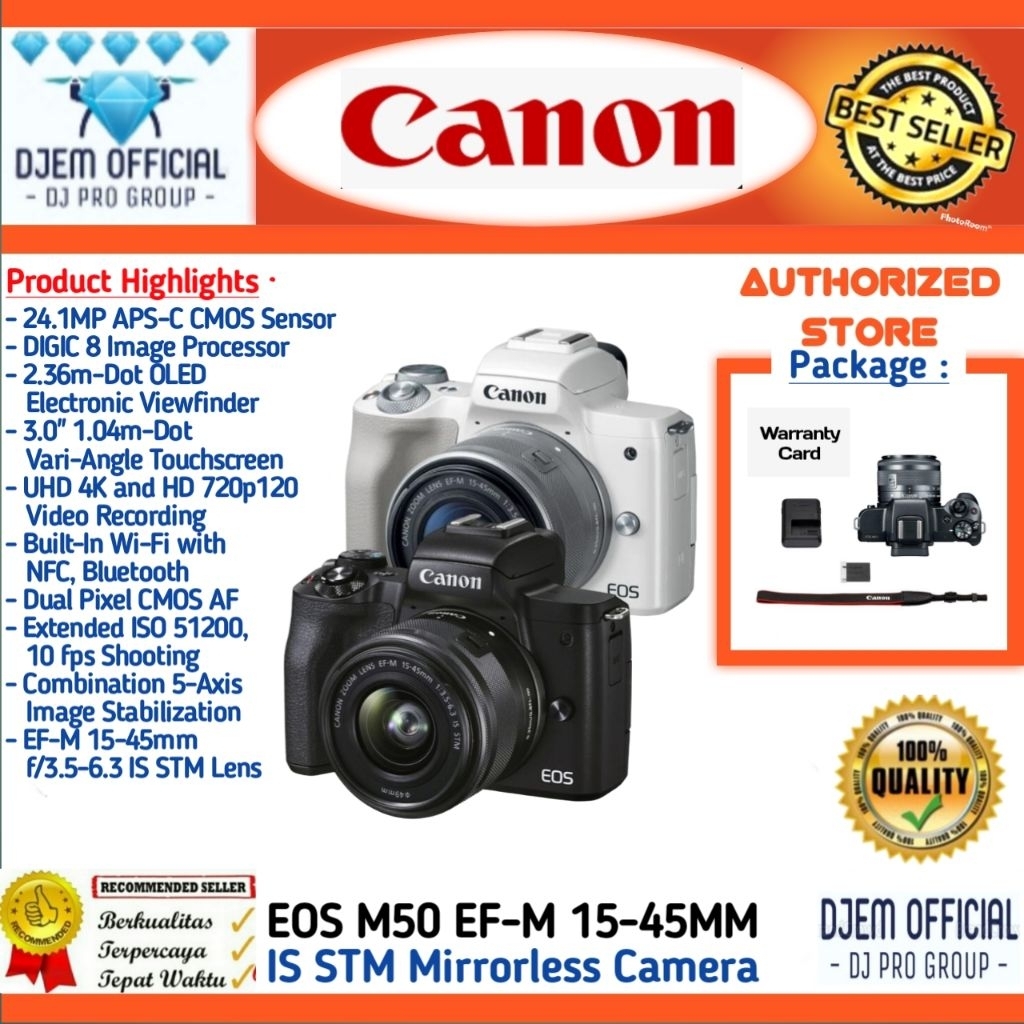 Canon EOS M50 Kit EF-M 15-45mm Lens f/3.5-6.3 IS STM Camera Canon Eos M50 Lensa EFM 15-45 mm Kamera 