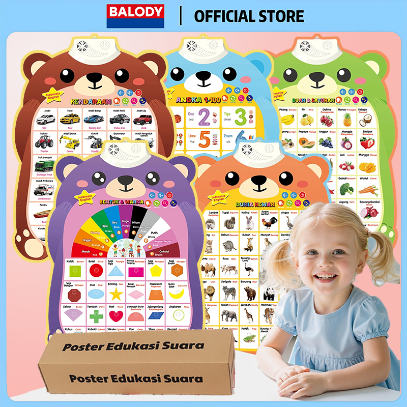 BALODY Poster Edukasi Hewan 3 Bahasa untuk Balita Bicara & Lagu Indonesia Inggris Arab Usia 2-6