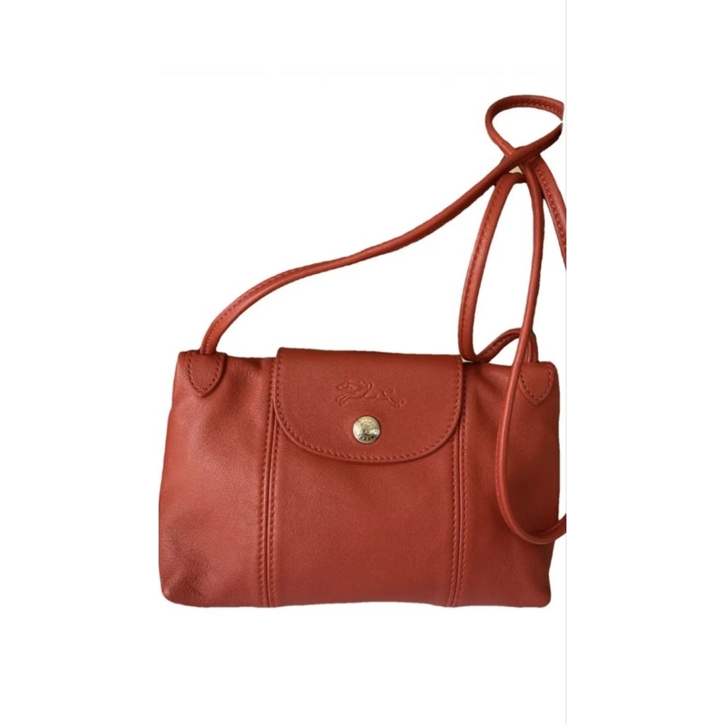 LONGCHAMP Mini Le Pliage Leather Cuir Crossbody Bag Authentic (PRELOVED) / Leather Sling bag warna M