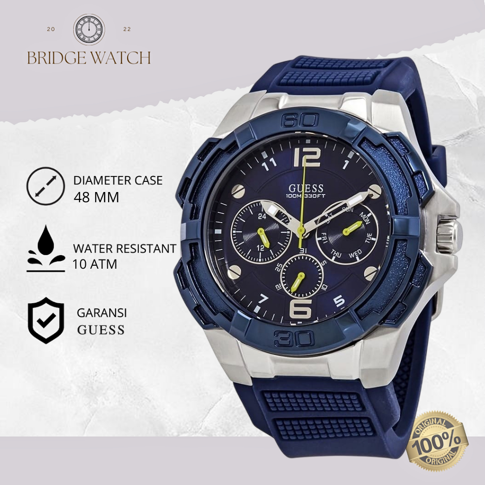 Jam Tangan Pria Guess Genesis Original W1254G1 Analog Chronograph Blue Rubber Strap Silicon Cowok Bi