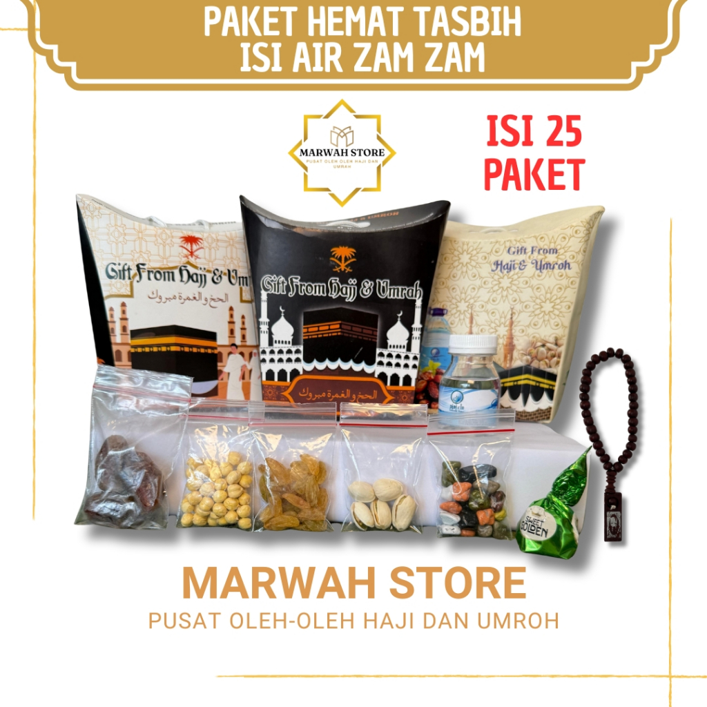 

Paket Oleh-oleh Haji dan Umroh Paket Hemat isi 25 Lengkap Air Zamzam Tasbih