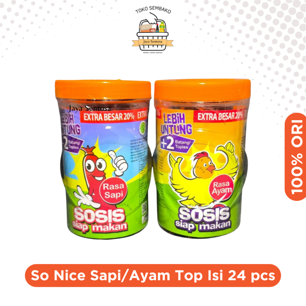 

Sosis So Nice Siap Makan Rasa Sapi/Ayam (Sosis SoNice Toples Isi 24 pcs)