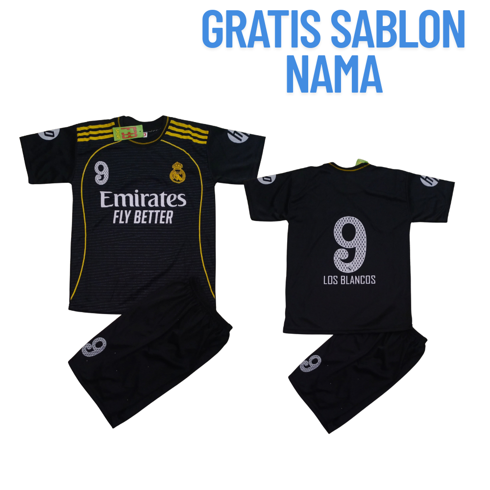 setelan baju bola real madrid hitam/jersey real madrid bellingham/jersey madrid usia 1-12thn
