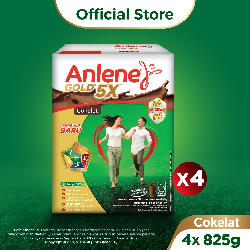 

Anlene Gold 5X Susu Bubuk Dewasa Cokelat 4 x 825g - Nutrisi Tinggi Kalsium Untuk Tulang, Sendi, dan Otot