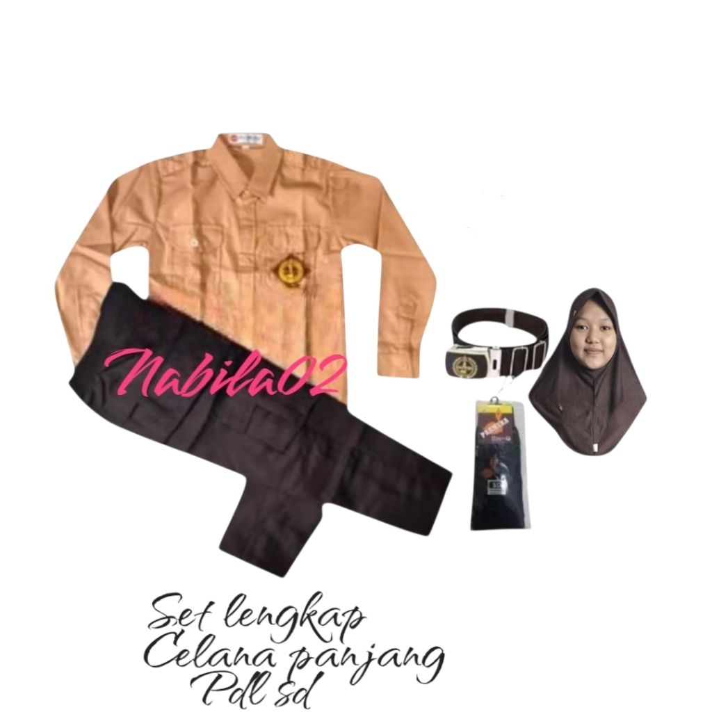 set lengkap baju pramuka panjang pegelangan tangan celana pramuka panjang pdl sd anak perempuan