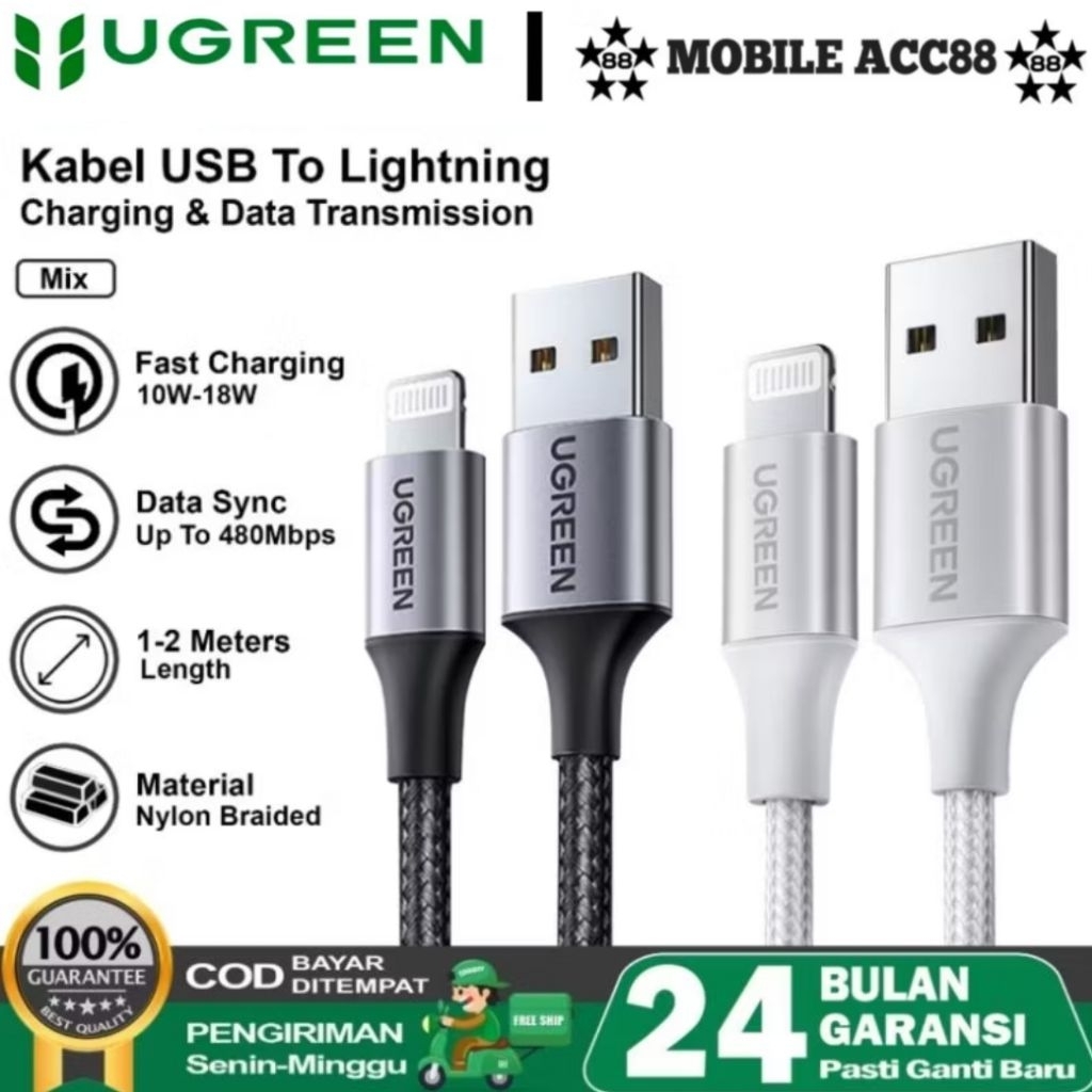 UGREEN Kabel USB To Lightning Charger iPhon 1M / 2M Lightning MFi Certified QC 2.4A