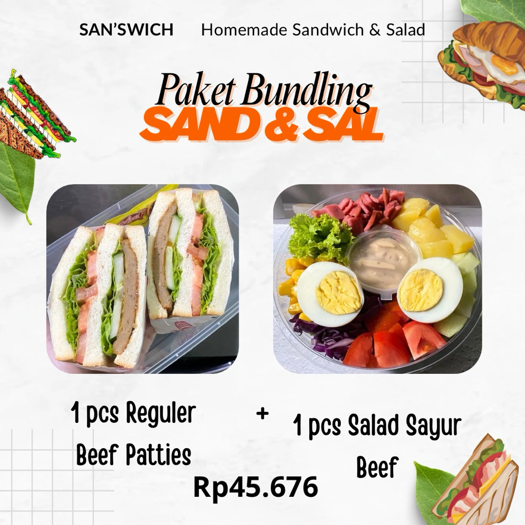 

1 pcs Reguler Beef Patties + 1 Pcs Salad Sayur Beef - Paket Bundling SAND&SAL by San'swich