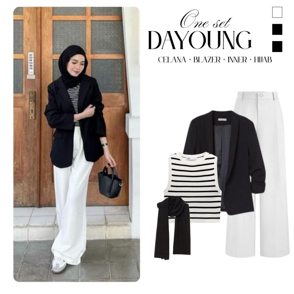 Outfit Dayoung Set ( Blazer, Inner Stripe, Celana Kulot, Pasmina Jersey ) Ootd Hijab Remaja Kekinian