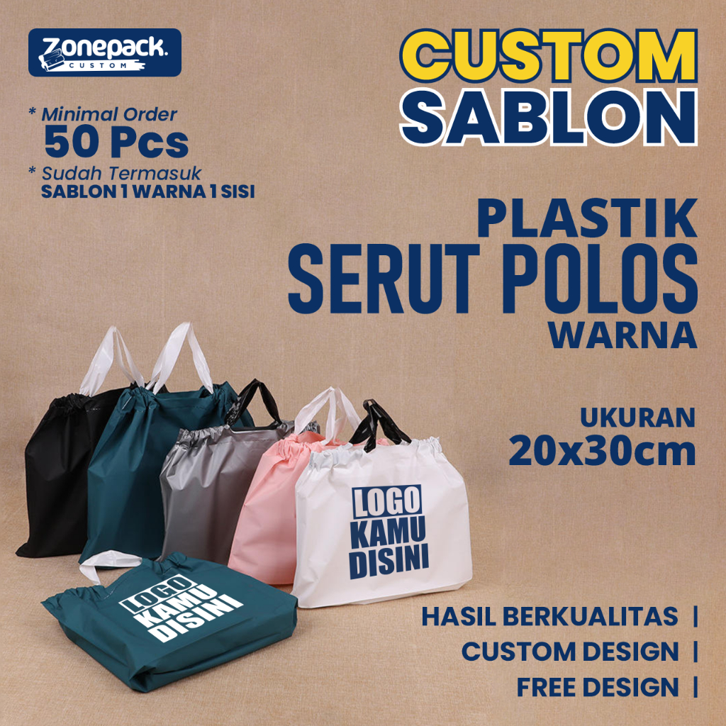 Sablon Plastik Kantong Serut Polos | Tas Jinjing Plastik | Sablon 1 Warna 1 Sisi Custom Free Desain