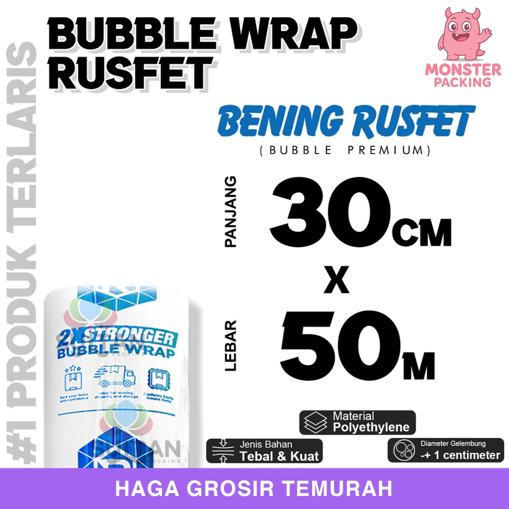 

Bubble Wrap 30cm x 50meter RUSFET BENING Bubblewrap TERMURAH / ROLL