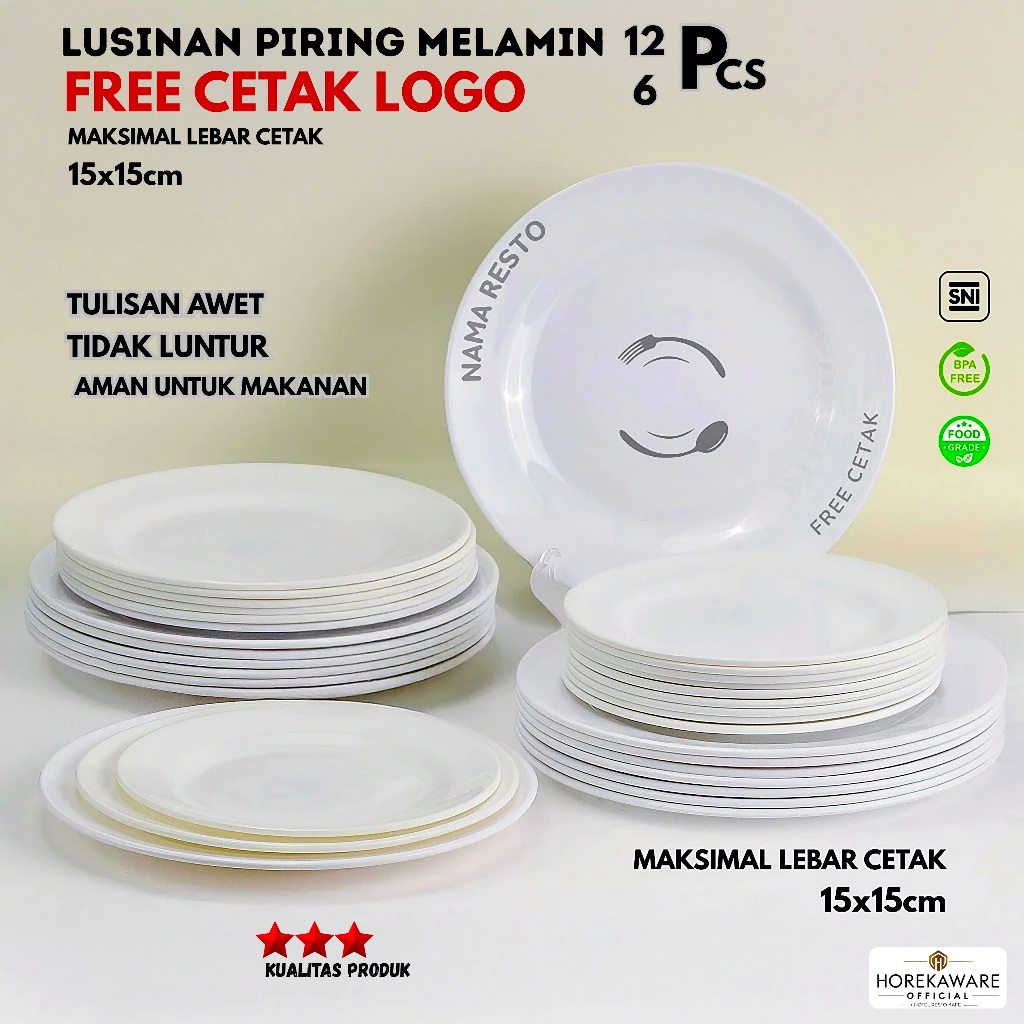 Piring Melamin Lusin 6/12pcs (FREE Cetak Nama Logo Custom) Piring Bulat Putih Catering Restoran Cafe