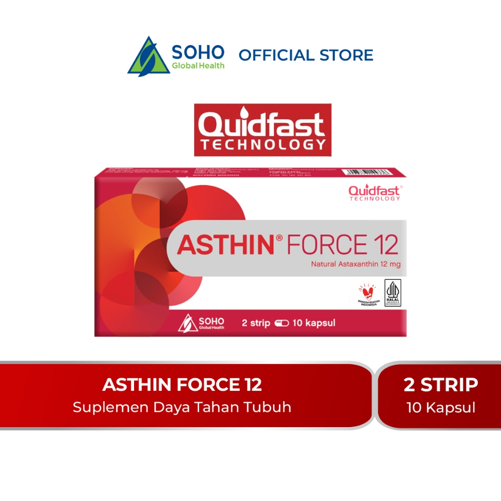 Asthin Force 12 Suplemen Antioksidan 2 Strip @10Kapsul - 1 Box-Suplemen Kecantikan dengan Astaxansth