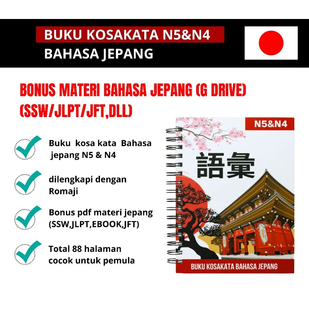 Buku Kosakata Bahasa Jepang N5 & N4 Dilengkapi Romaji Kanji Kata Kerja Sifat Benda Bonus Materi G Dr
