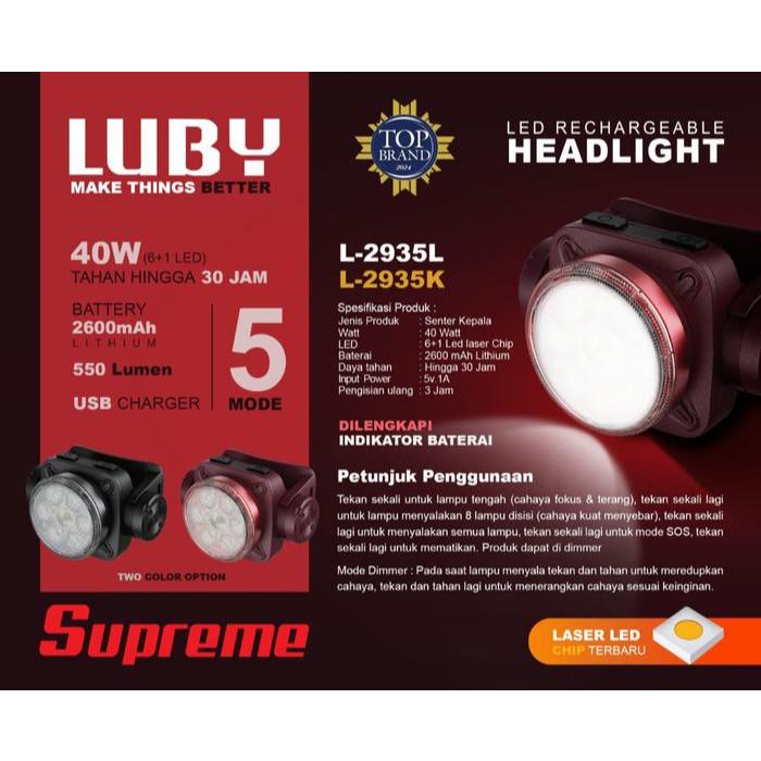 Senter Kepala Luby 40 Watt L- 2935 Lampu Kepala Led 7 Mata Baterai Headlamp Luby