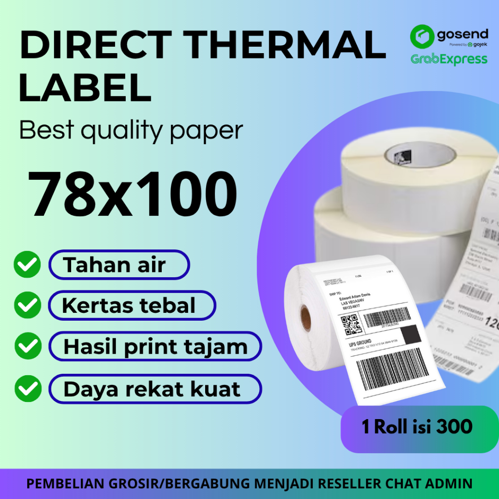 

Kertas Thermal Label Ukuran 78x100 cm isi 300 roll (1DUS ISI 36) – Label Pengiriman / Barcode / Harga – Tanpa Tinta – Cetak Cepat & Praktis