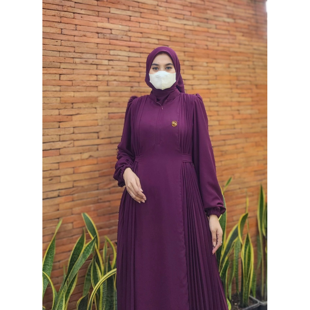 Samira Dress Set Hijab Ceruty Kombinasi Plisket Premium Gamis Muslim Wanita Polos Busui By Otty Lux